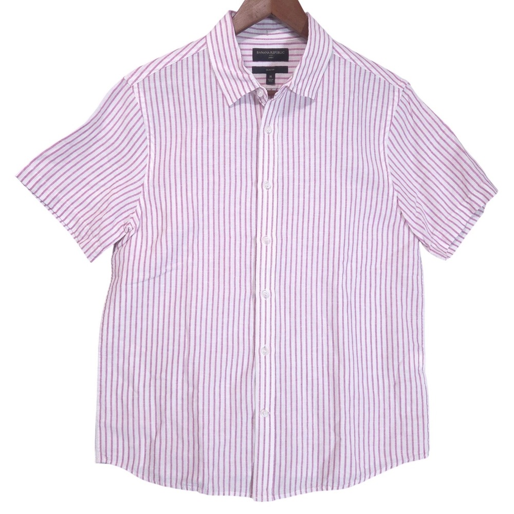 Banana Republic Slim Fit Linen Cotton Shirt Mens M Striped Pink White Preppy